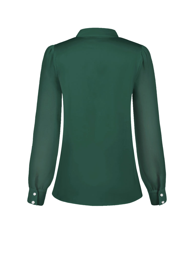 Green 1940s Round Neck Satin Puff Sleeve Blouse