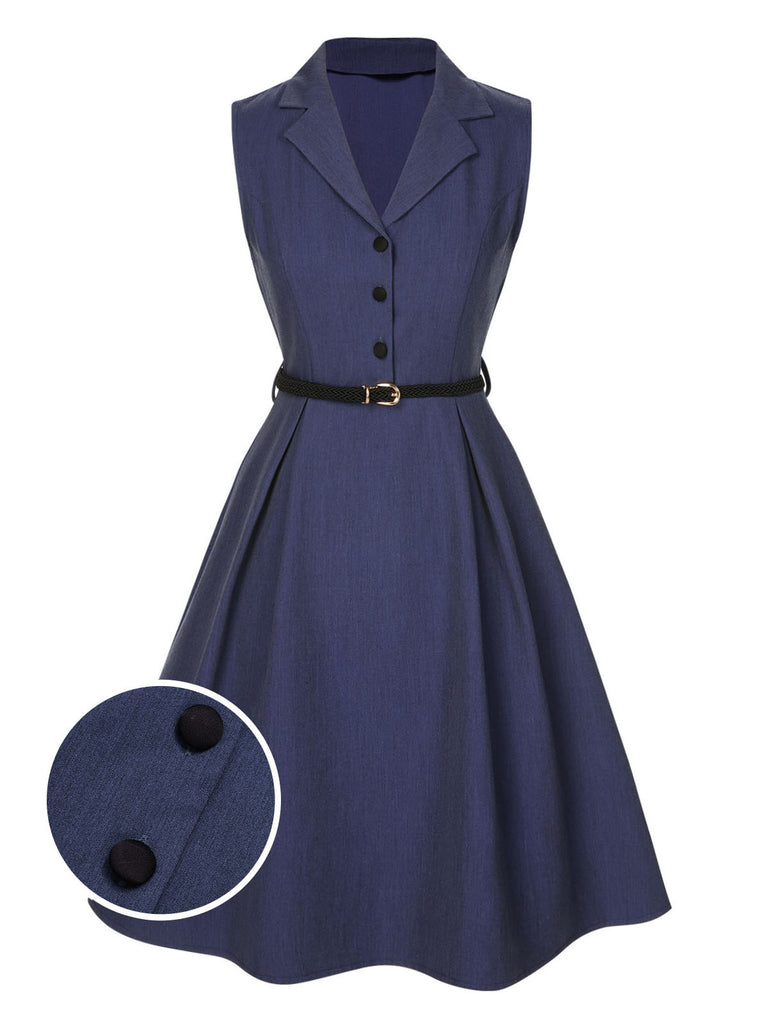 [Pre-Sale] Blue 1940s Solid Lapel Belt Dress