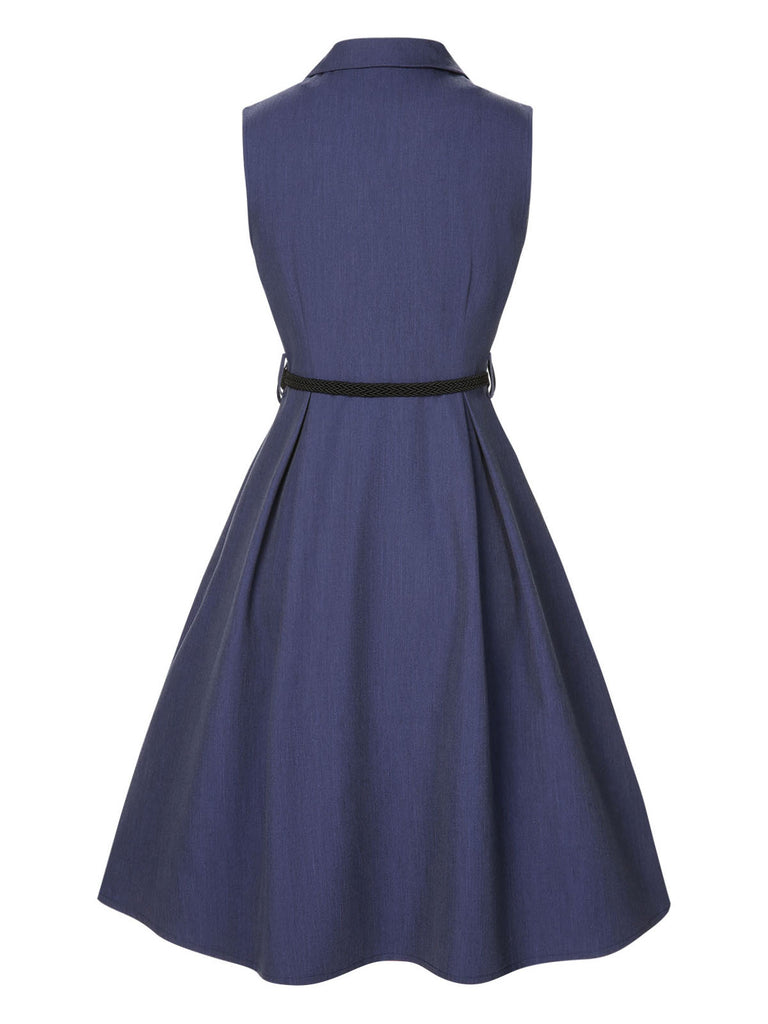 [Pre-Sale] Blue 1940s Solid Lapel Belt Dress