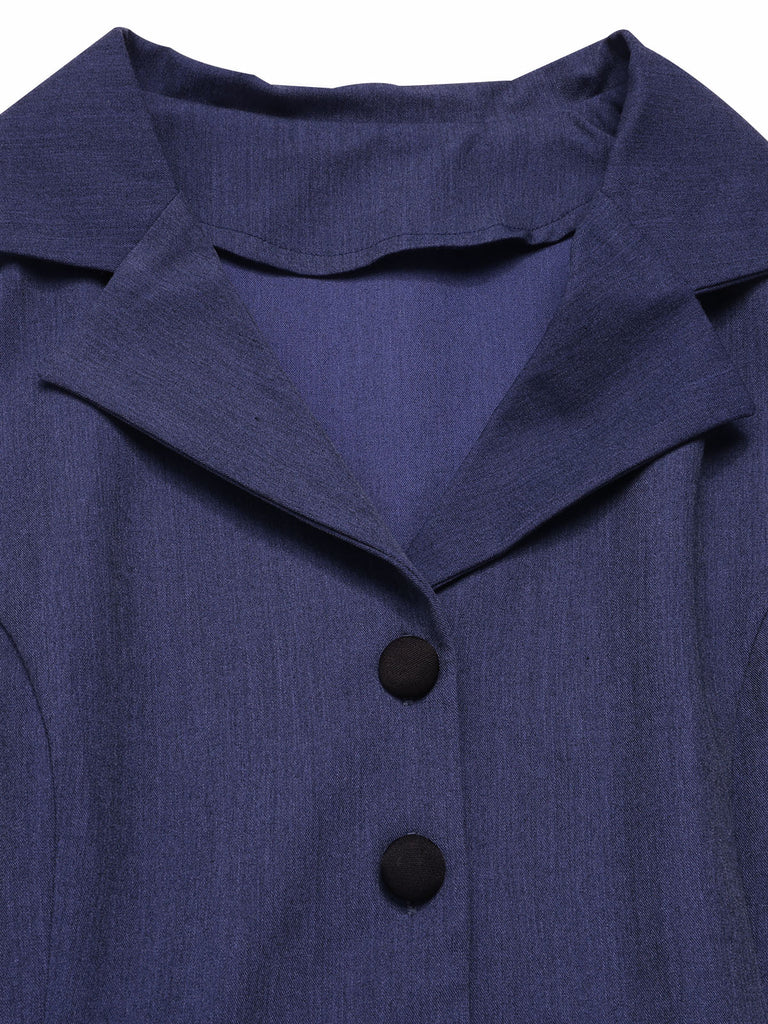[Pre-Sale] Blue 1940s Solid Lapel Belt Dress