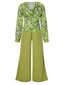 2PCS 1940s Green Geometric Cowl Neck Top & Wide Leg Pants
