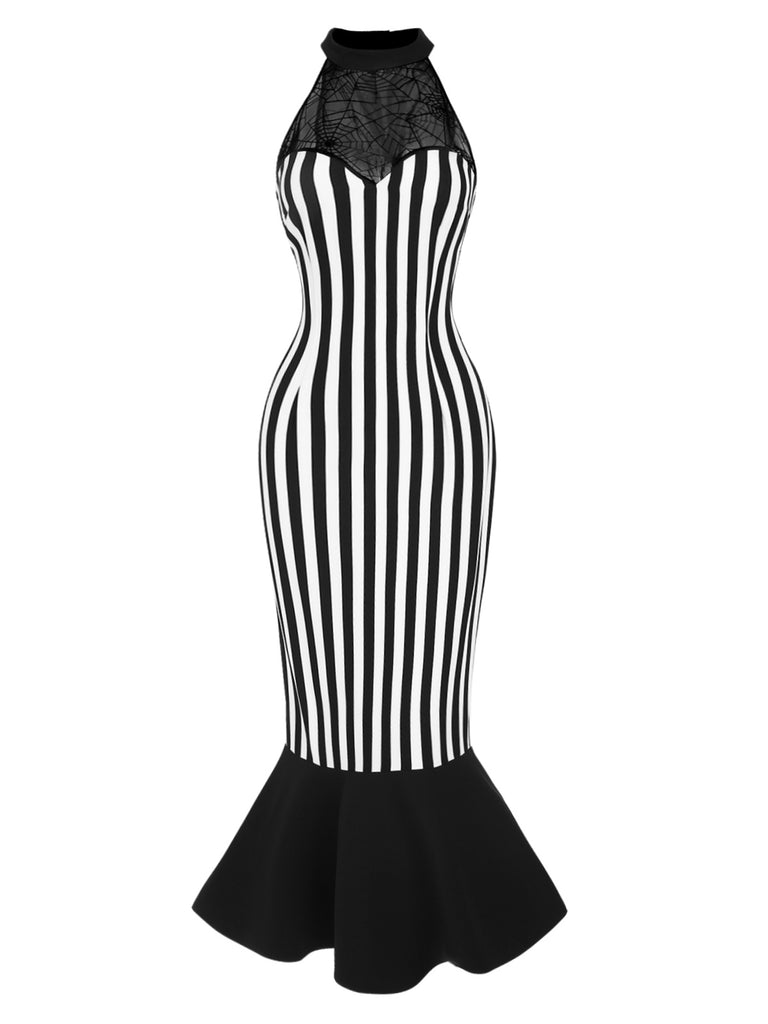 Black 1930s Spiderweb Mesh Stripe Fishtail Dress