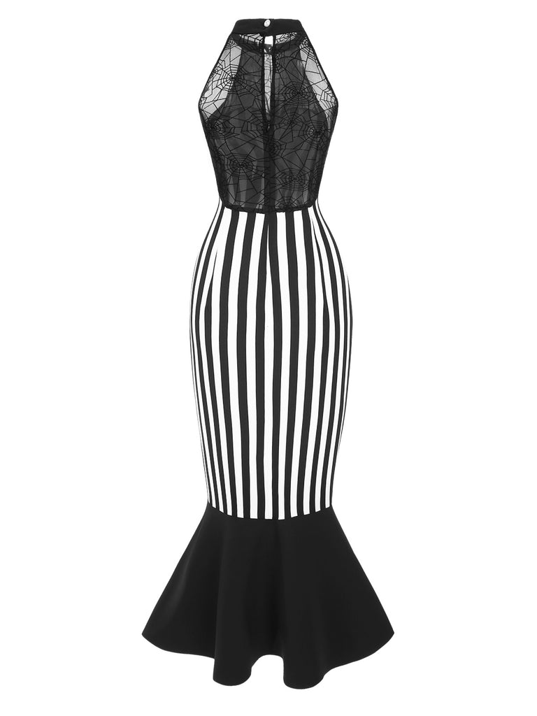 Black 1930s Spiderweb Mesh Stripe Fishtail Dress
