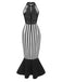 Black 1930s Spiderweb Mesh Stripe Fishtail Dress
