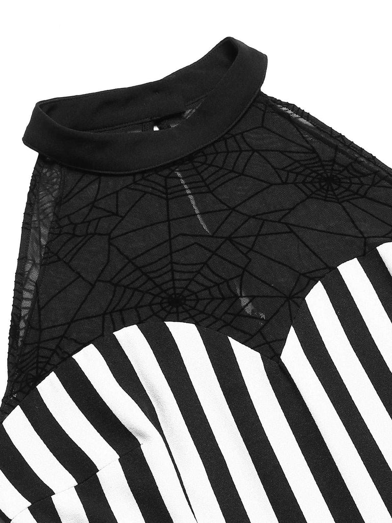 Black 1930s Spiderweb Mesh Stripe Fishtail Dress