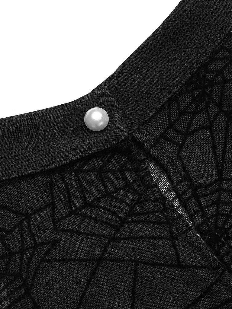 Black 1930s Spiderweb Mesh Stripe Fishtail Dress