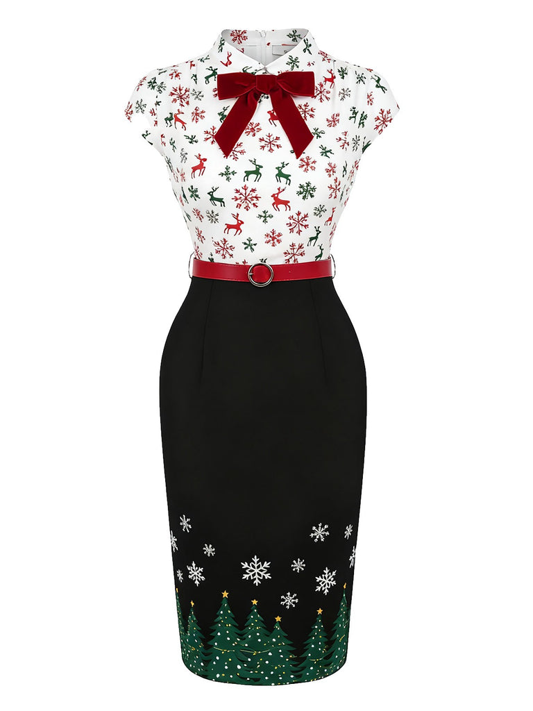 [Pre-Sale] Black 1960s Christmas Tree Reindeer Snowflake Pencil Dress