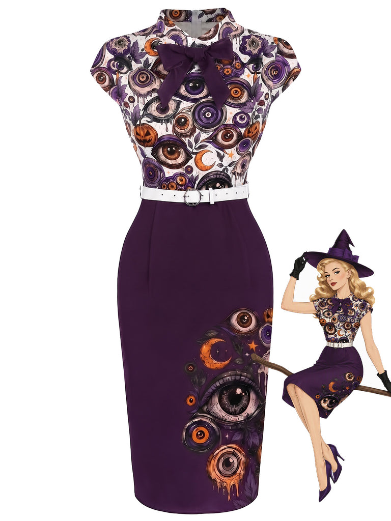 [Pre-Sale] 1960s Halloween Eyeball Bow Tie Neck Belted Bodycon Dress