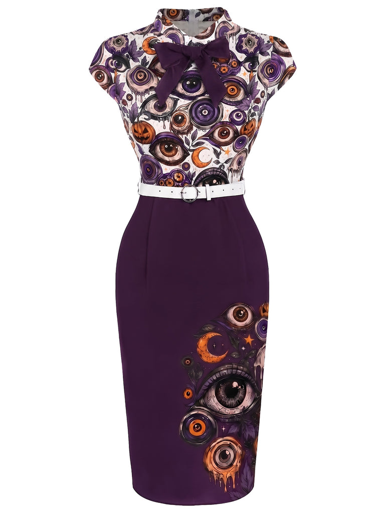 [Pre-Sale] 1960s Halloween Eyeball Bow Tie Neck Belted Bodycon Dress
