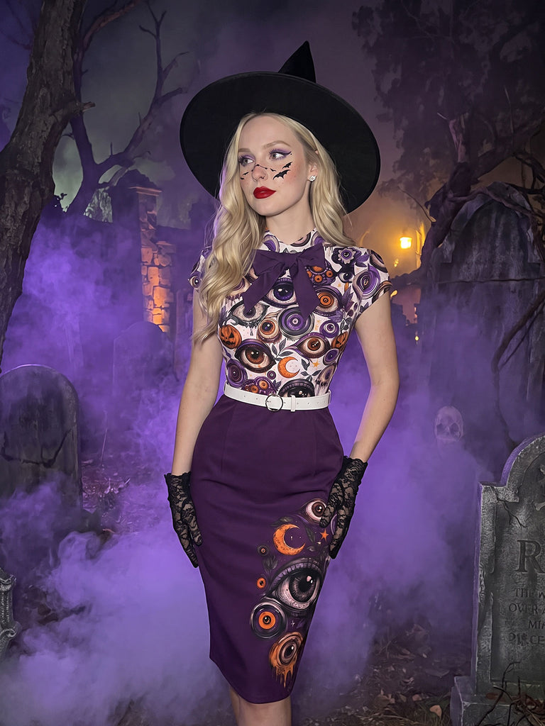 [Pre-Sale] 1960s Halloween Eyeball Bow Tie Neck Belted Bodycon Dress