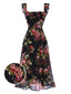 Black 1930s Square Neck Ruffled Floral Dress