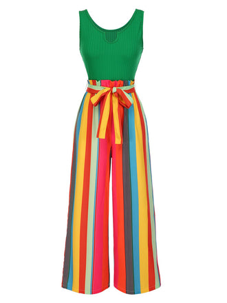 Green 1950s Stripes Knitted Belted Jumpsuit