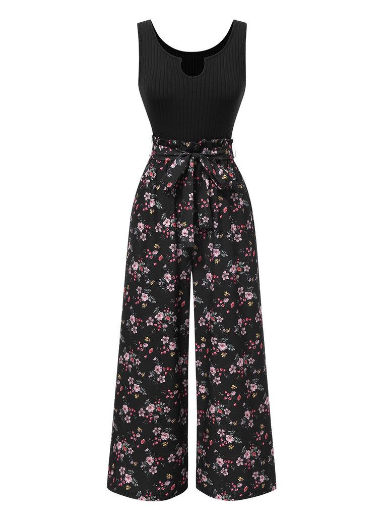 [Pre-Sale] Black 1950s Floral Knitted Belted Jumpsuit