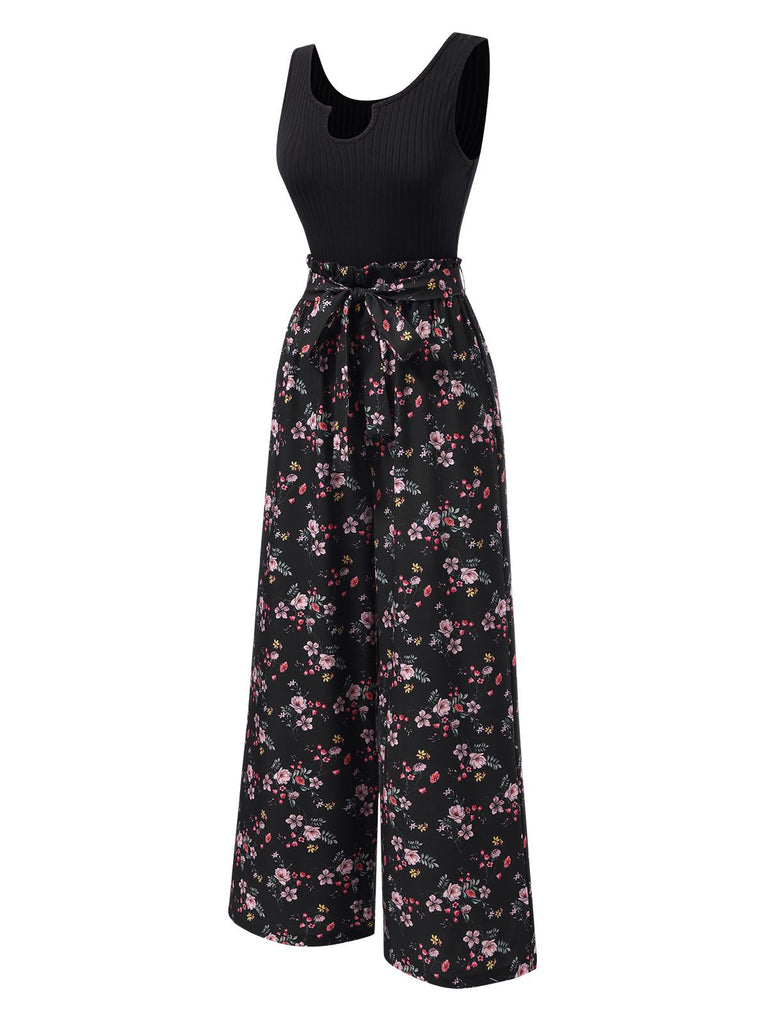 [Pre-Sale] Black 1950s Floral Knitted Belted Jumpsuit