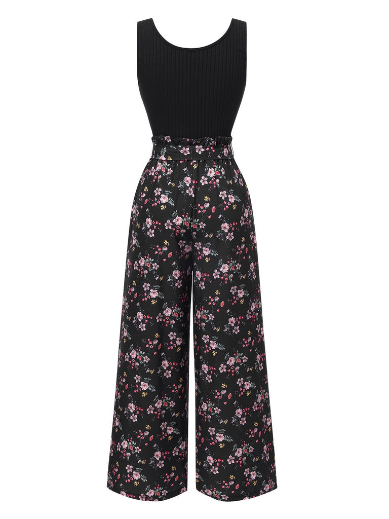 [Pre-Sale] Black 1950s Floral Knitted Belted Jumpsuit