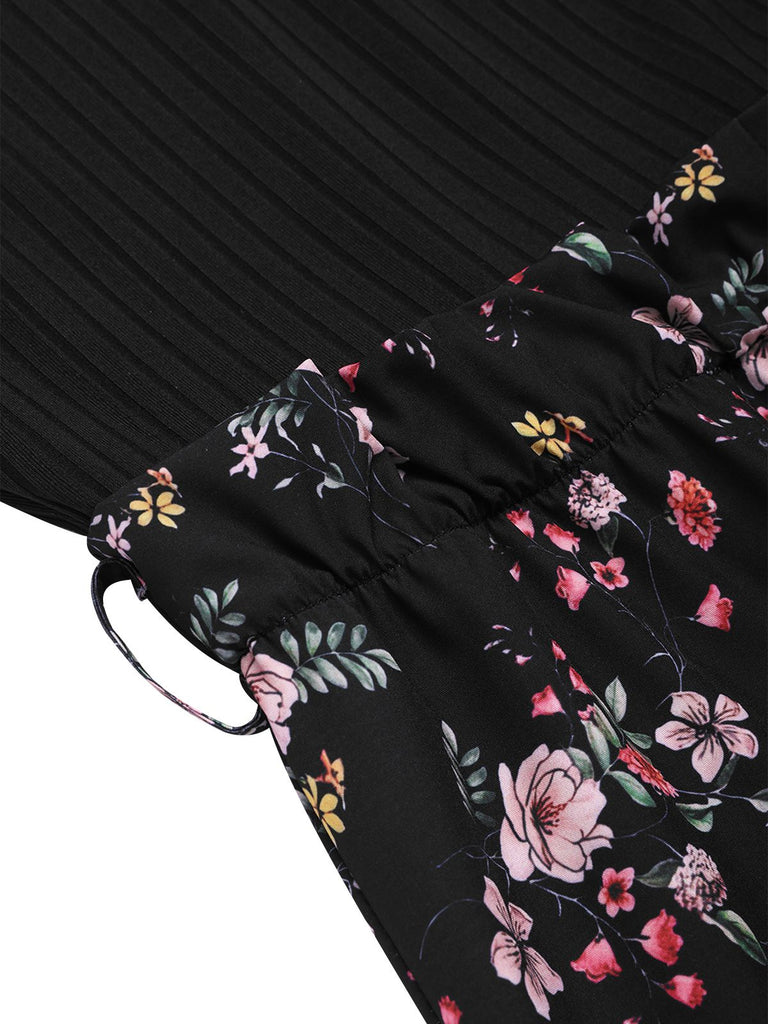 [Pre-Sale] Black 1950s Floral Knitted Belted Jumpsuit