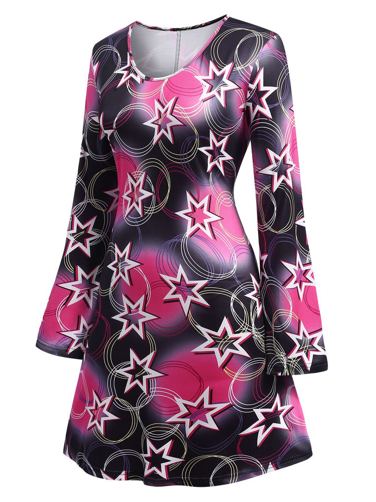 1970s Stars Disco Hippie Style Dress With Scarf