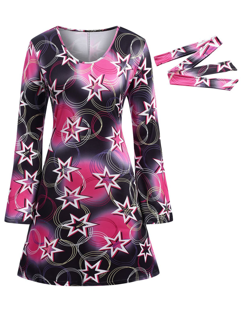 1970s Stars Disco Hippie Style Dress With Scarf