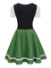 Green 1950s Oktoberfest Puff Sleeves Patchwork Dress