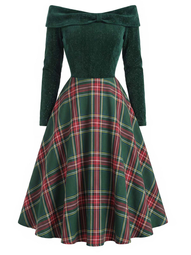 Green 1950s Christmas Off Shoulder Tartan Dress