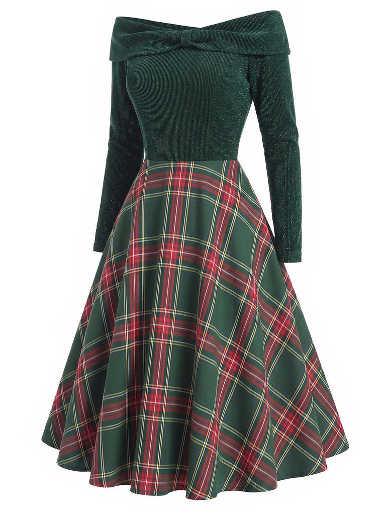 Green 1950s Christmas Off Shoulder Tartan Dress