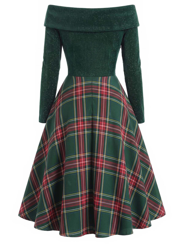 Green 1950s Christmas Off Shoulder Tartan Dress
