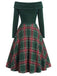 Green 1950s Christmas Off Shoulder Tartan Dress