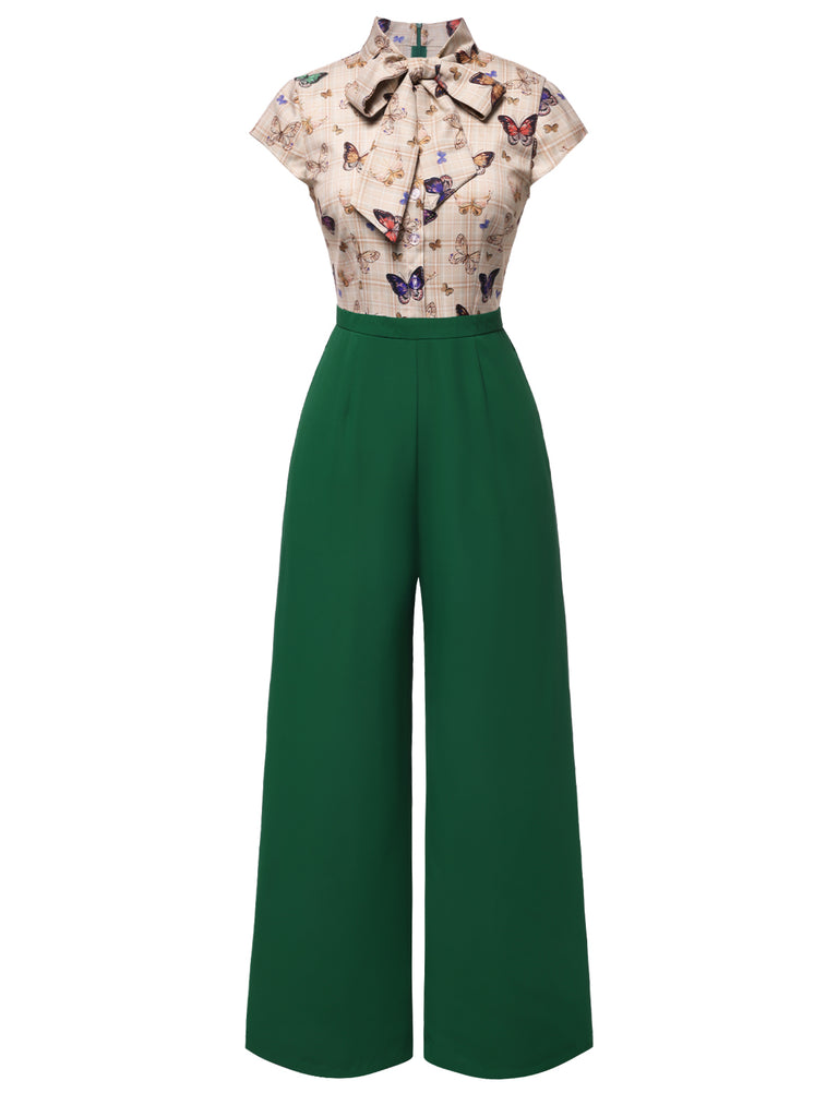 Green 1930s Tie Neck Plaids Butterflies Jumpsuit
