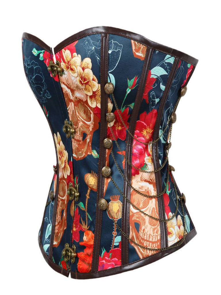Black 1980s Steampunk Floral Skull Bandeau Corset