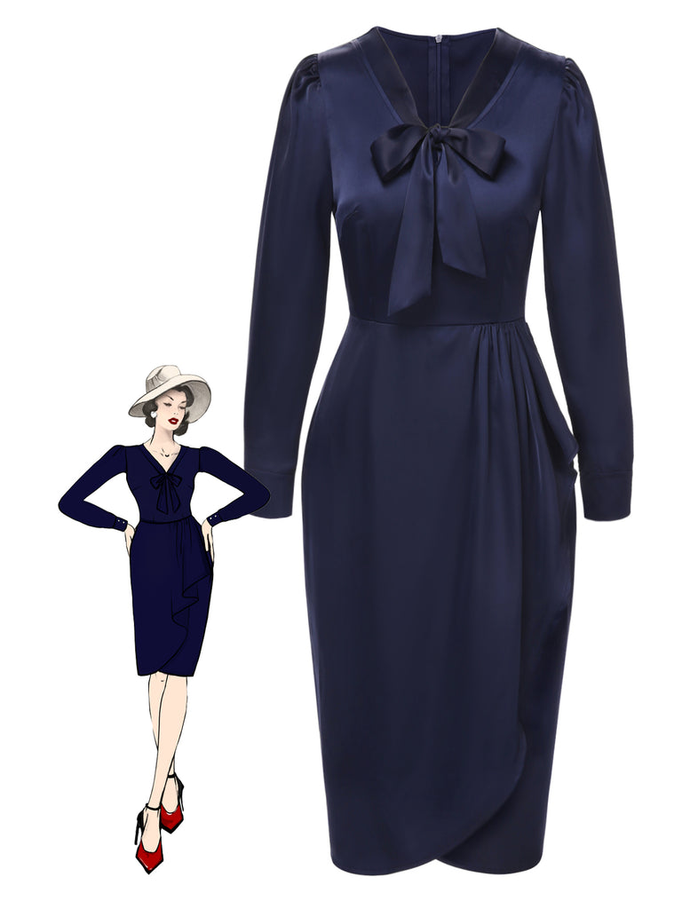 [Pre-Sale] Dark Blue 1940s Tie Neck Pleated Dress