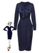 [Pre-Sale] Dark Blue 1940s Tie Neck Pleated Dress