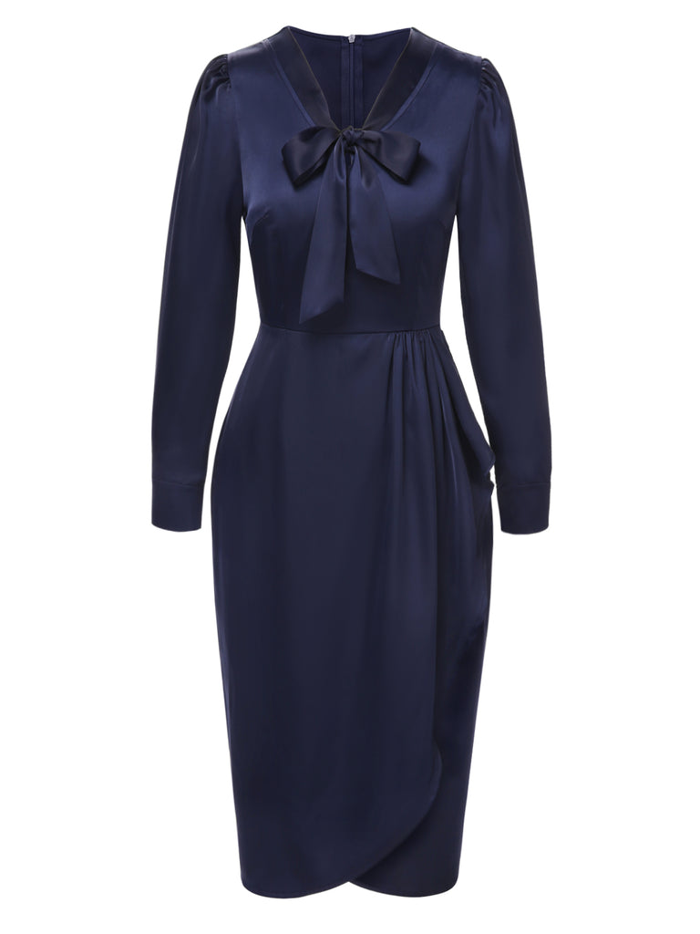 [Pre-Sale] Dark Blue 1940s Tie Neck Pleated Dress