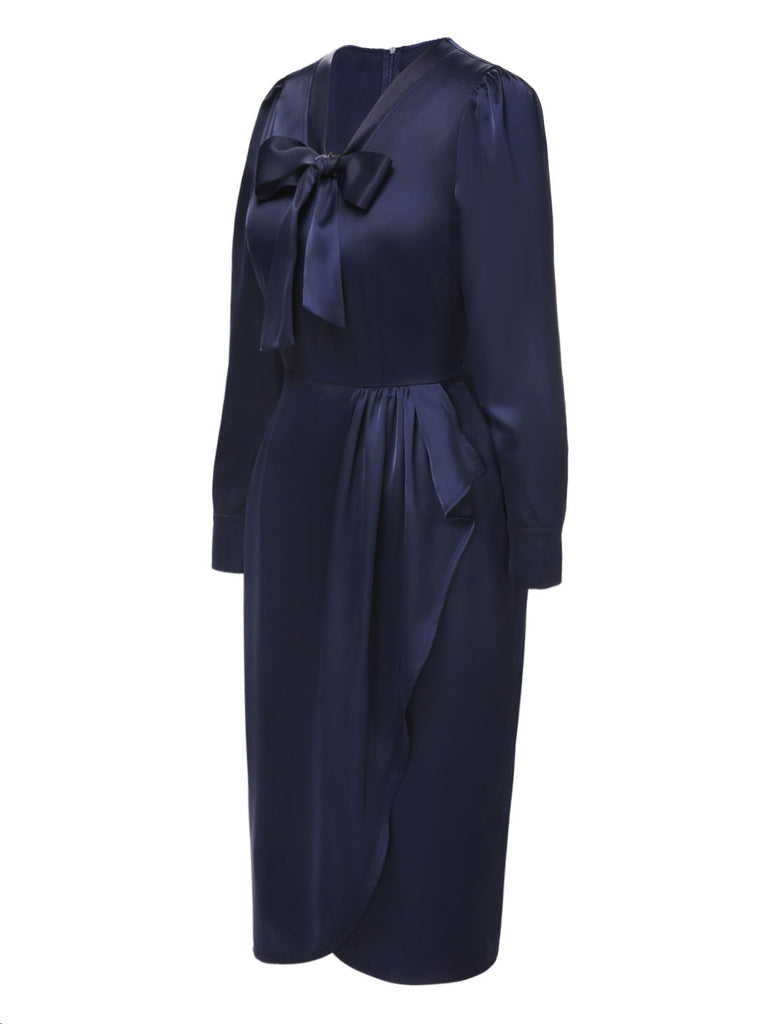 [Pre-Sale] Dark Blue 1940s Tie Neck Pleated Dress
