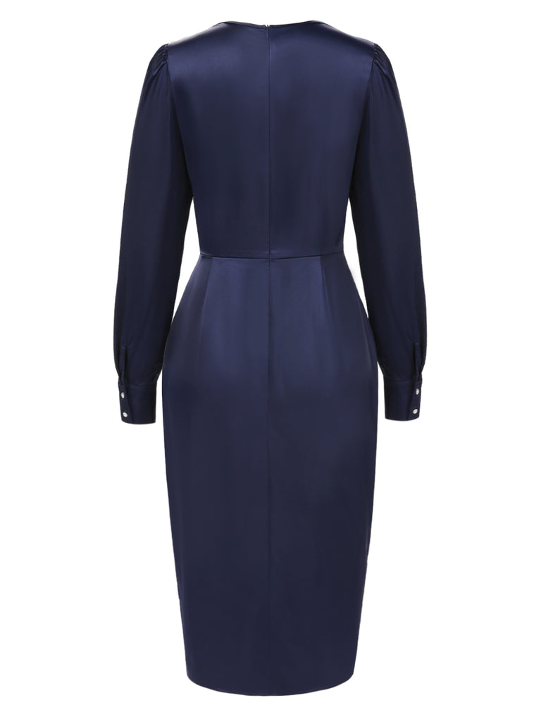 [Pre-Sale] Dark Blue 1940s Tie Neck Pleated Dress