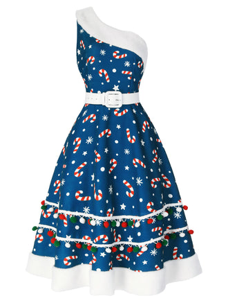 Blue 1950s Candy Cane One-Shoulder Dress