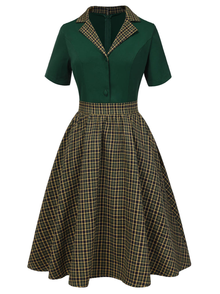 Green 1950s Plaid Patchwork Lapel Dress