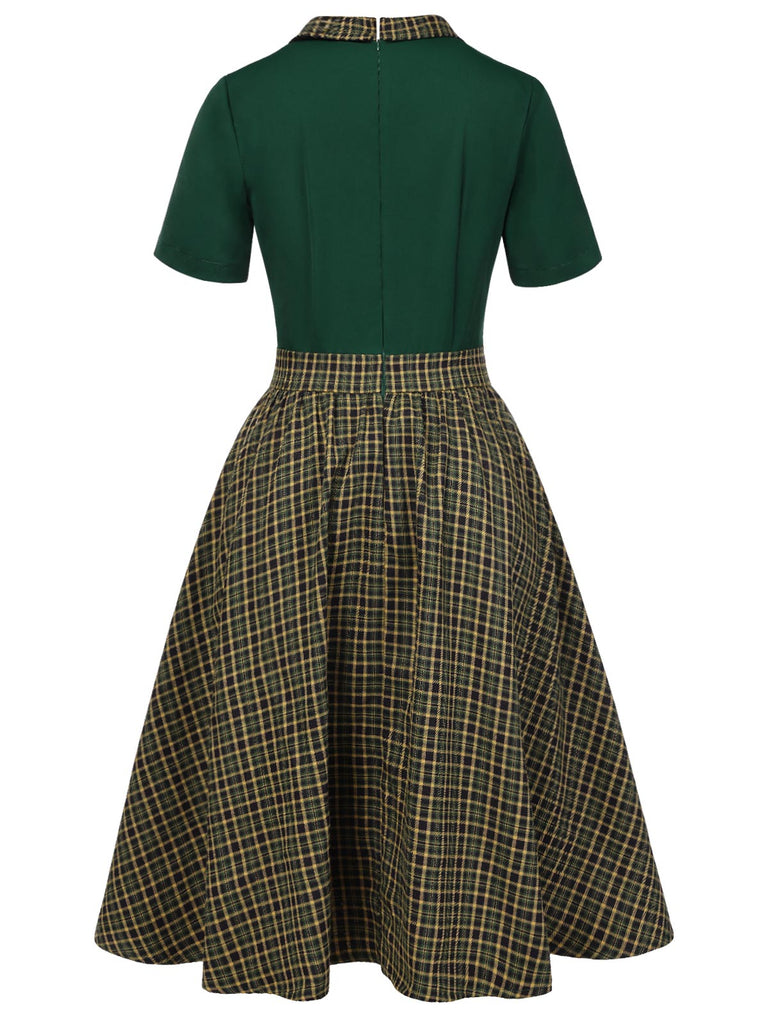 Green 1950s Plaid Patchwork Lapel Dress