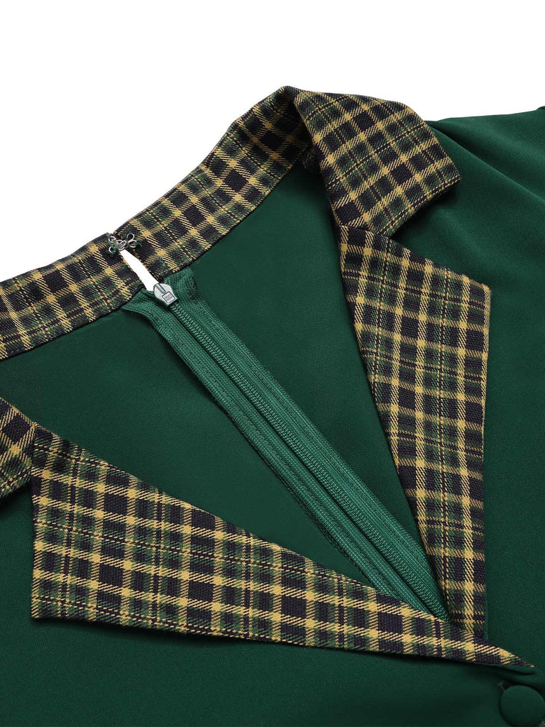 Green 1950s Plaid Patchwork Lapel Dress