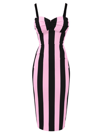 Black&Pink 1960s Vertical Stripe Straps Pencil Dress