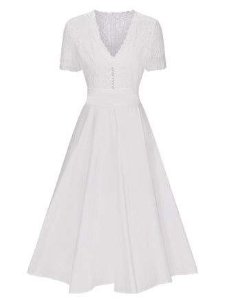 White 1940s V-Neck Lace Patchwork Dress
