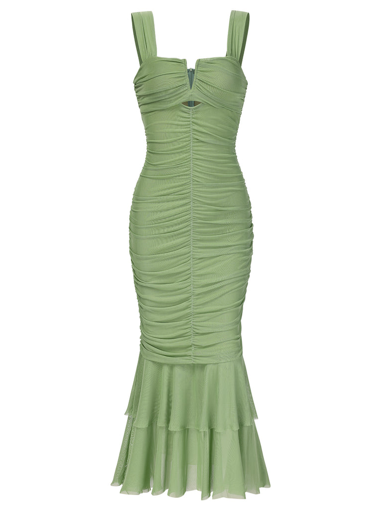 1930s Solid Pleated Wide Strap Fishtail Dress