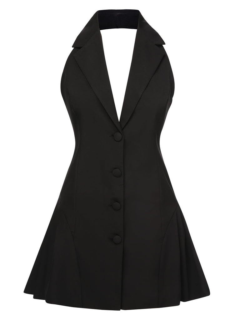 1980s Halter V-Neck Backless Sleeveless Solid Dress