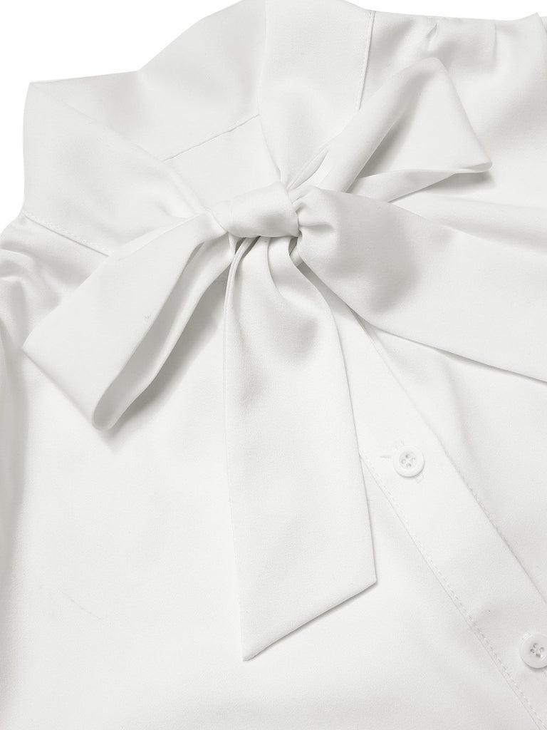 White 1940s Tie Neck Mesh Swiss Dots Blouse