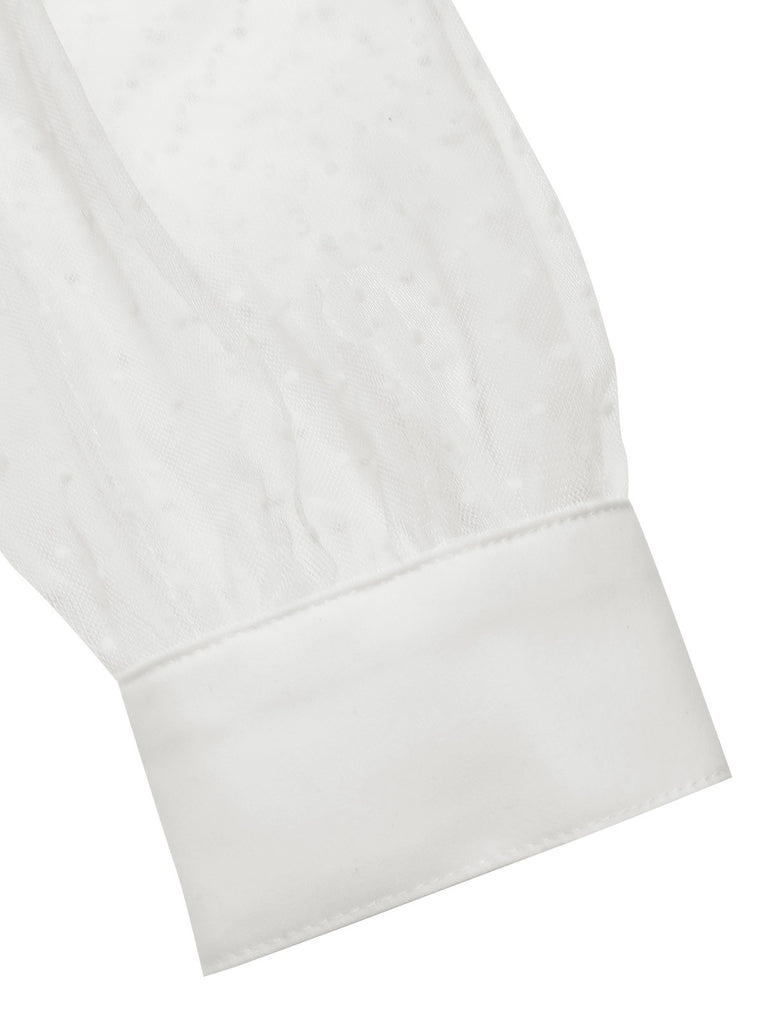 White 1940s Tie Neck Mesh Swiss Dots Blouse