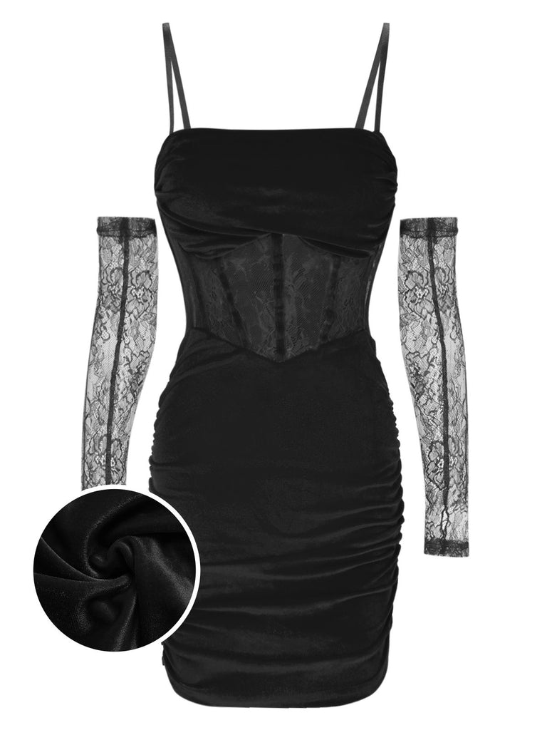 1960s Solid Velvet Sling Dress With Sleeves