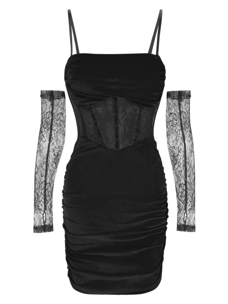 1960s Solid Velvet Sling Dress With Sleeves