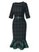 1930s Crew Neck Tartan Plaid Belted Mermaid Dress