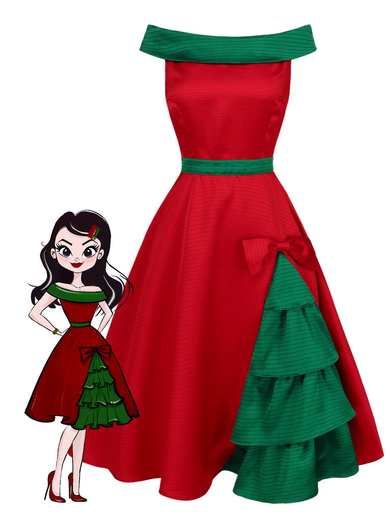 Red & Green 1950s Chrismtas Tree Off-Shoulder Dress