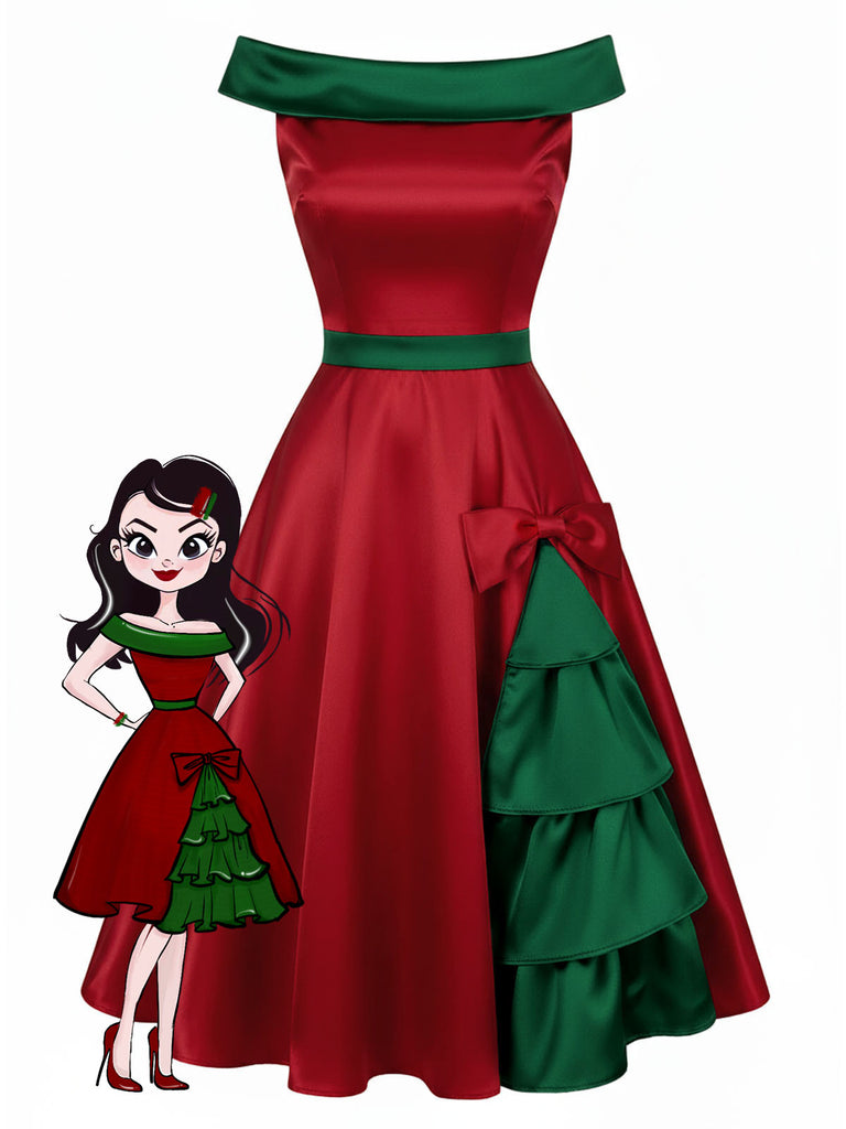 Red & Green 1950s Chrismtas Tree Off-Shoulder Dress