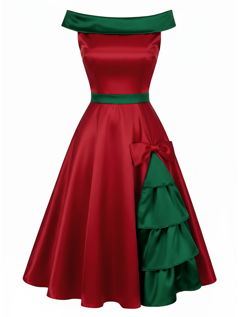 Red & Green 1950s Chrismtas Tree Off-Shoulder Dress